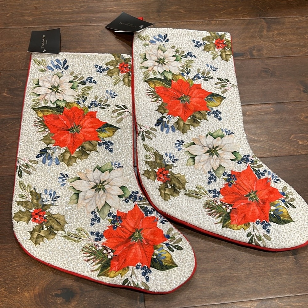 2 Tahari Embroidered  Stocking Christmas  New Beaded Poinsettia Holly Berry
